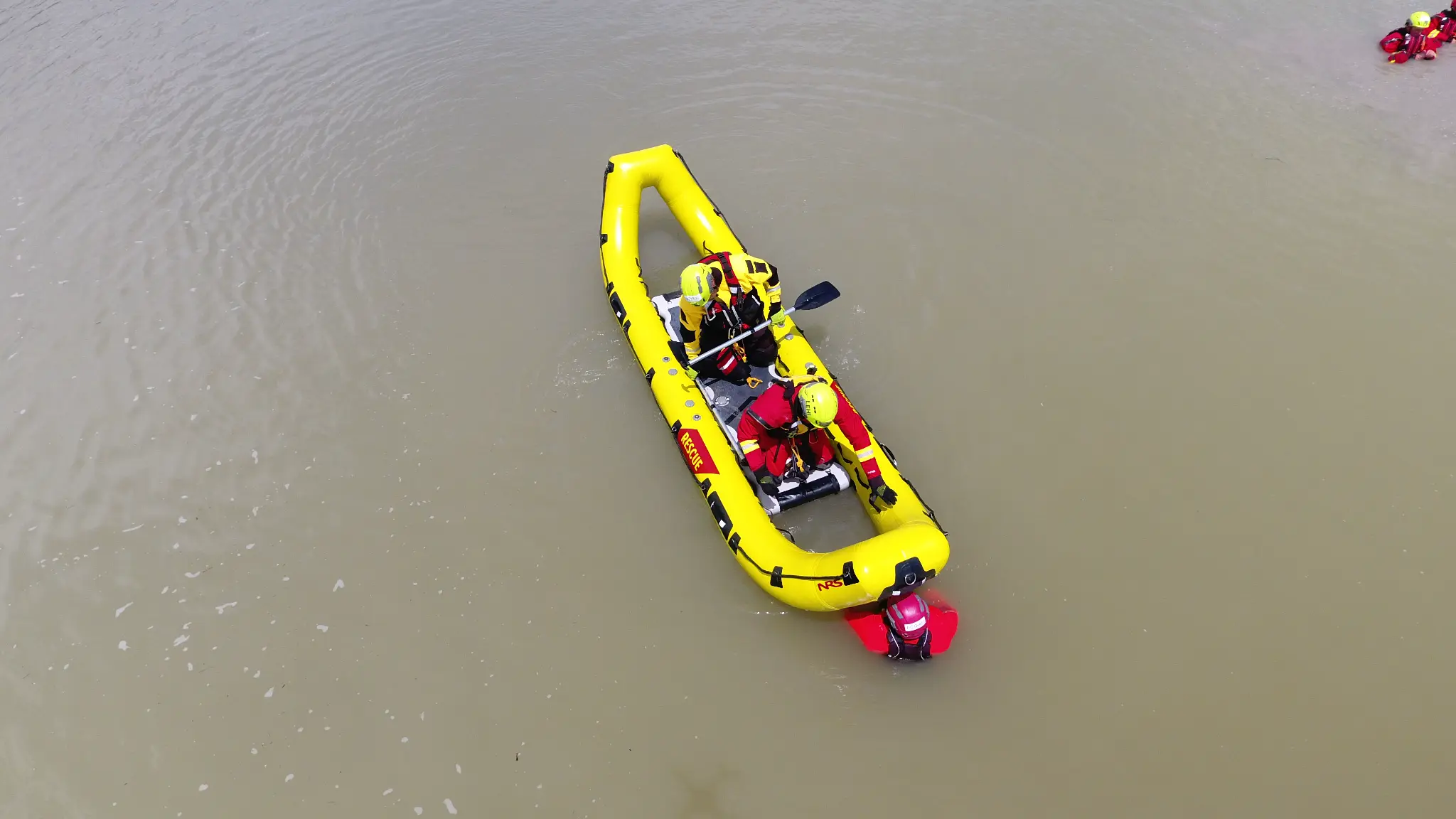 Surface water rescue training - aerial view of inflatable rescue boat