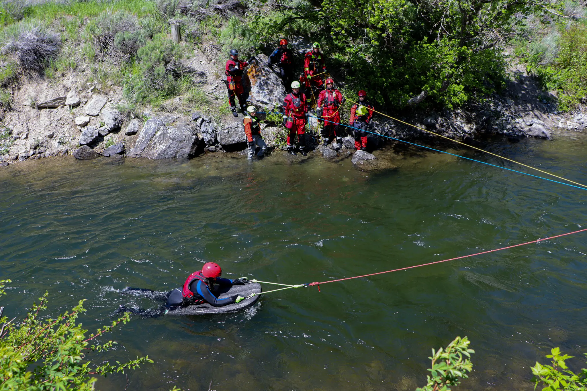 Swiftwater rescue operations - shore-based rescue with team